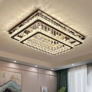 Modern Luxury Villa LED Ceiling Lamp Crystal Flush Mount Light Remote Control Hotel Lobby Surface Mounted Decorative Rectangle