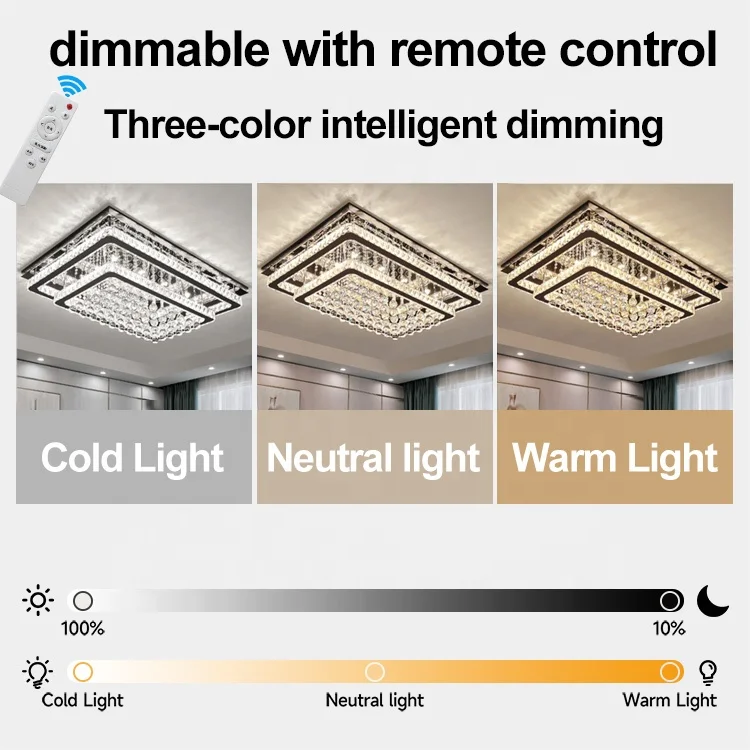 Modern Luxury Villa LED Ceiling Lamp Crystal Flush Mount Light Remote Control Hotel Lobby Surface Mounted Decorative Rectangle - Image 3